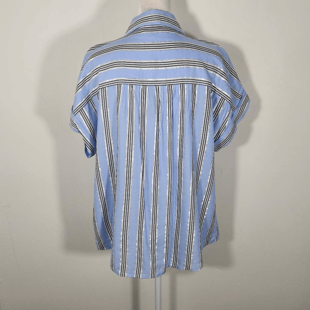 DKNY Blue Striped Button Down Shirt with Silver Metallic Accents NWT Size Medium
