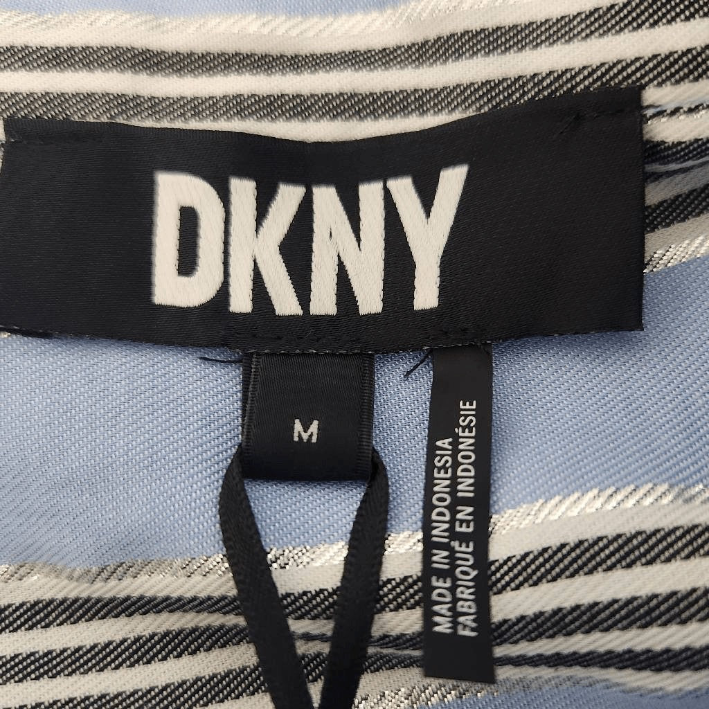 DKNY Blue Striped Button Down Shirt with Silver Metallic Accents NWT Size Medium