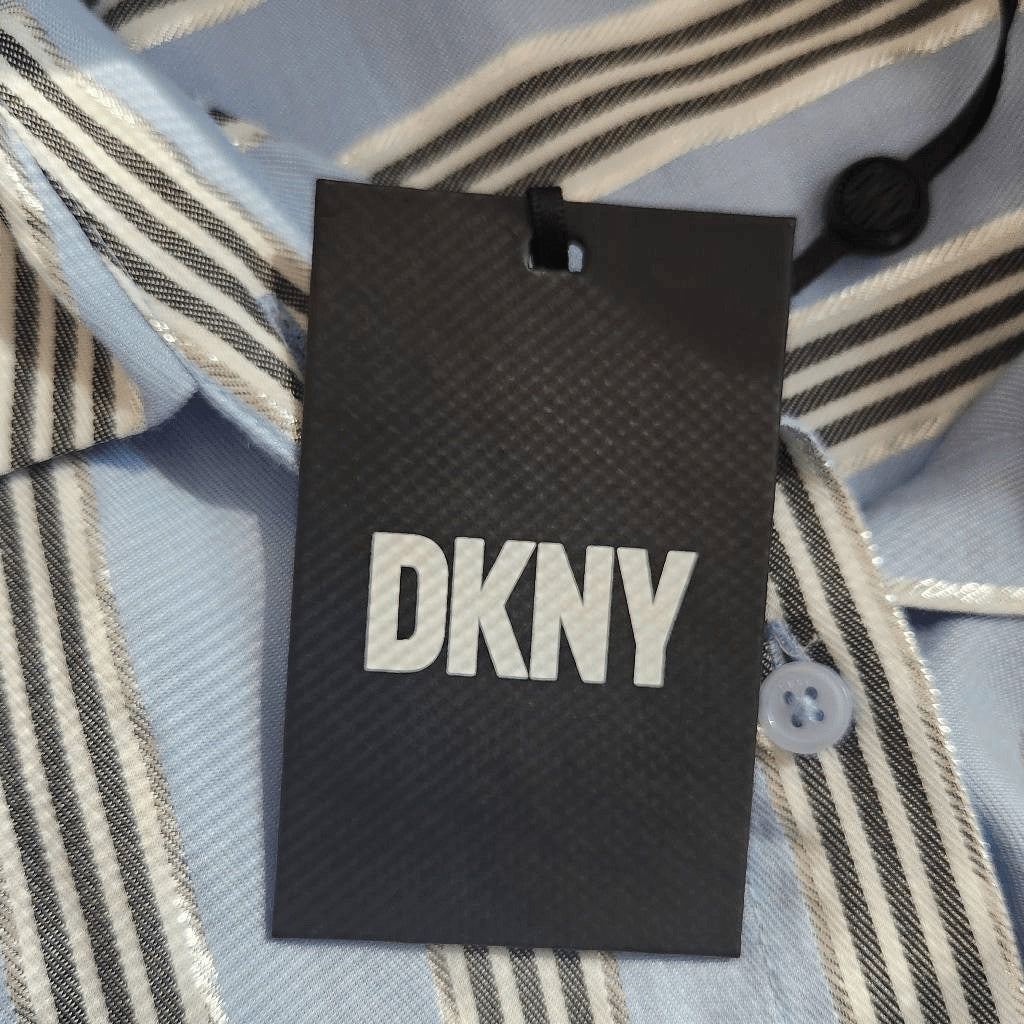 DKNY Blue Striped Button Down Shirt with Silver Metallic Accents NWT Size Medium