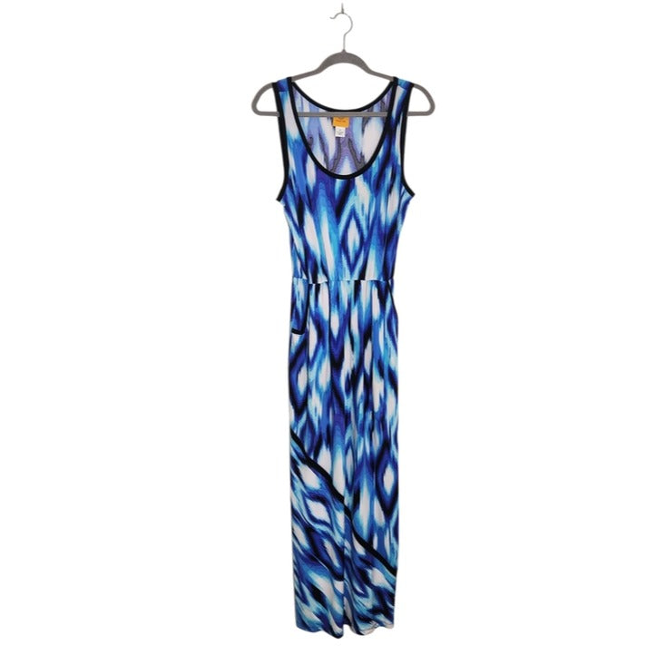 Ruby Rd White and Blue Graphic Print Boho Sleeveless Maxi Dress Size Small