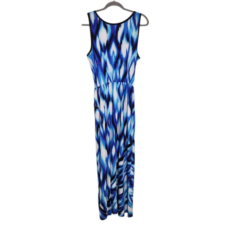 Ruby Rd White and Blue Graphic Print Boho Sleeveless Maxi Dress Size Small