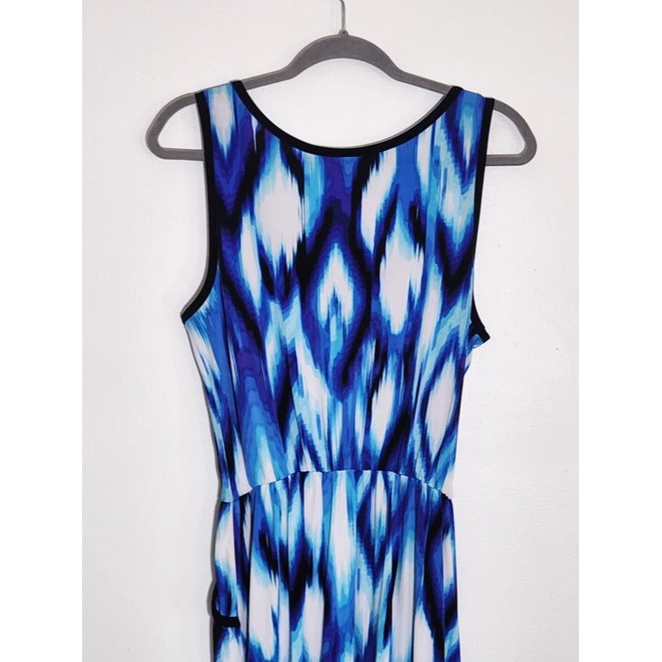 Ruby Rd White and Blue Graphic Print Boho Sleeveless Maxi Dress Size Small