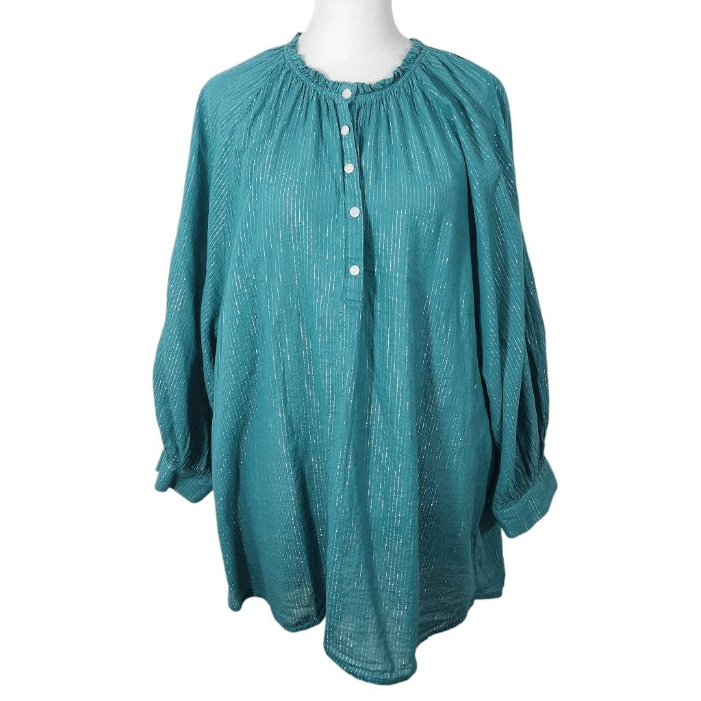 a.n.a Blue Boho Blouse with Full Sleeves Size XL Tall Blue and Silver Top
