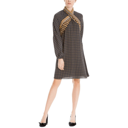 Max Studio London Gold and Navy Print Dress Size Medium Navy Scarf A-Line Dress