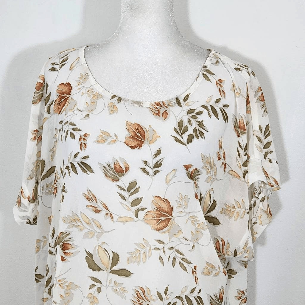 Umgee Sheer Floral Print Blouse Size Small Oversized Floral Top with Cap Sleeves