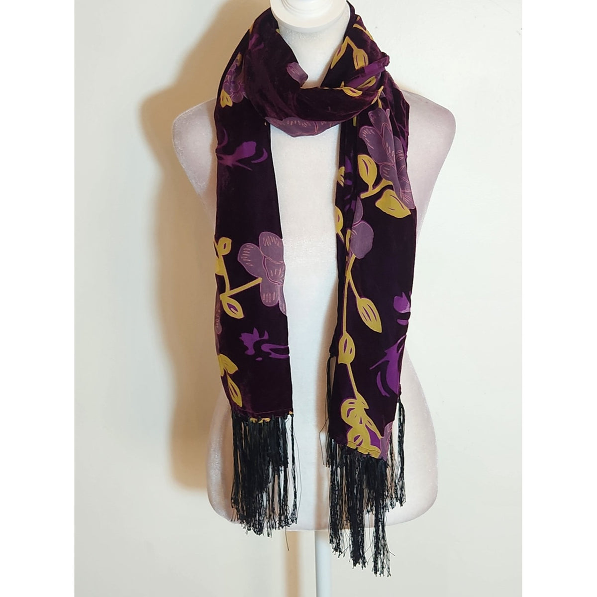 Purple and Yellow Floral Burnout Velvet Boho Scarf with Fringe Trim 20 x 62