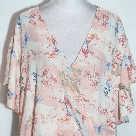 Oppa! Pink Floral Flutter Sleeve Wrap Blouse Size 2X Plus Size Floral Top