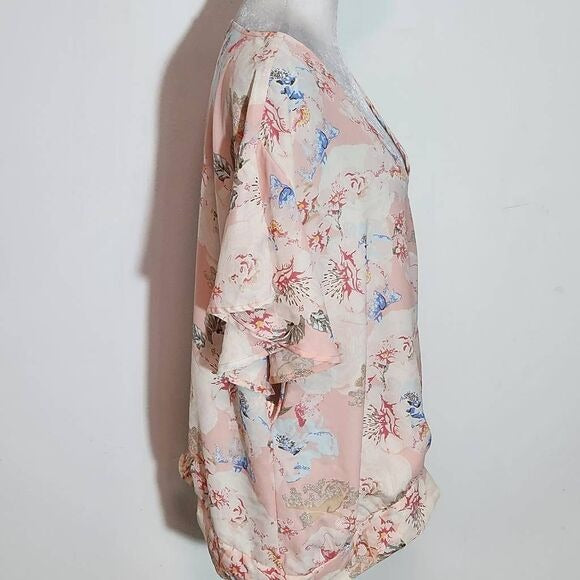 Oppa! Pink Floral Flutter Sleeve Wrap Blouse Size 2X Plus Size Floral Top