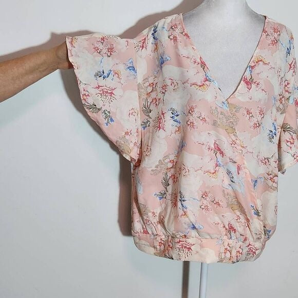 Oppa! Pink Floral Flutter Sleeve Wrap Blouse Size 2X Plus Size Floral Top