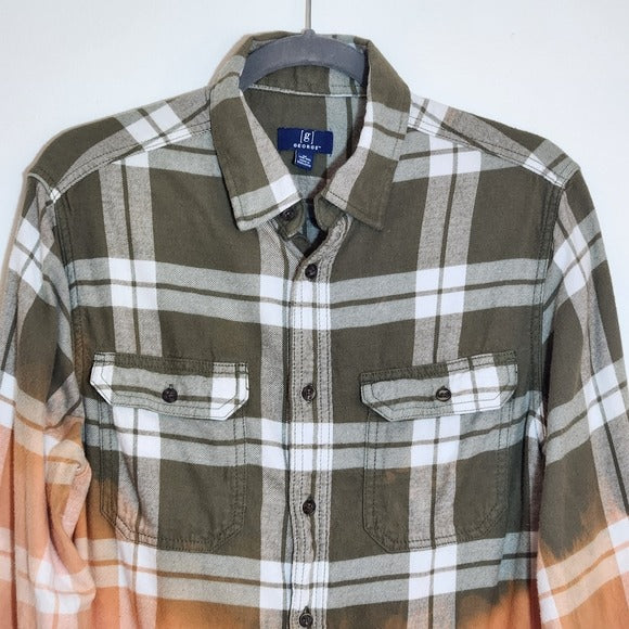 George Green and Orange Ombre Bleached Plaid Flannel Shirt Size Medium 38-40