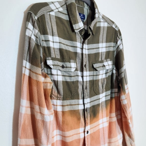 George Green and Orange Ombre Bleached Plaid Flannel Shirt Size Medium 38-40