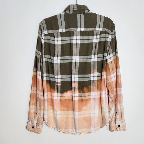 George Green and Orange Ombre Bleached Plaid Flannel Shirt Size Medium 38-40
