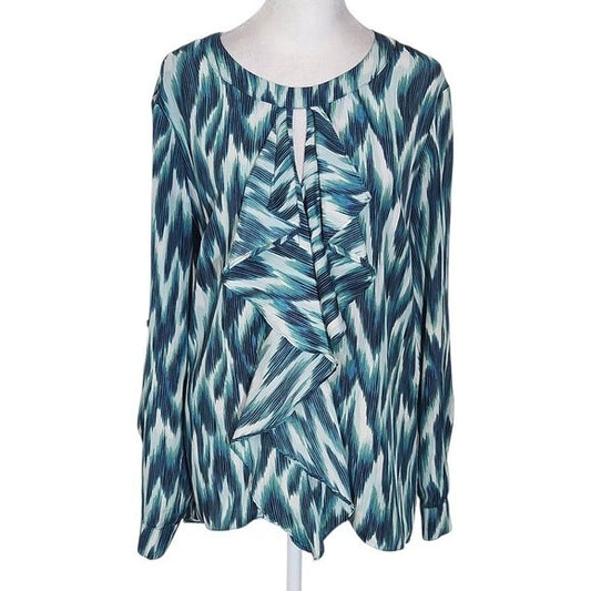 New York & Company Blue and Green Print Blouse Size Medium Ruffle Neck Top