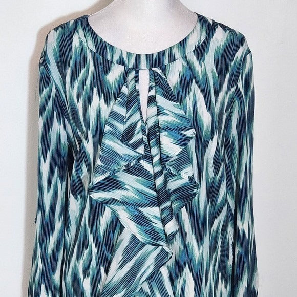 New York & Company Blue and Green Print Blouse Size Medium Ruffle Neck Top