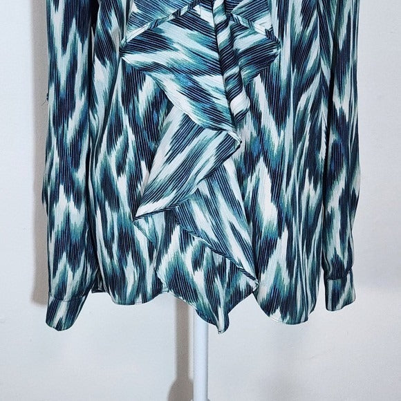 New York & Company Blue and Green Print Blouse Size Medium Ruffle Neck Top