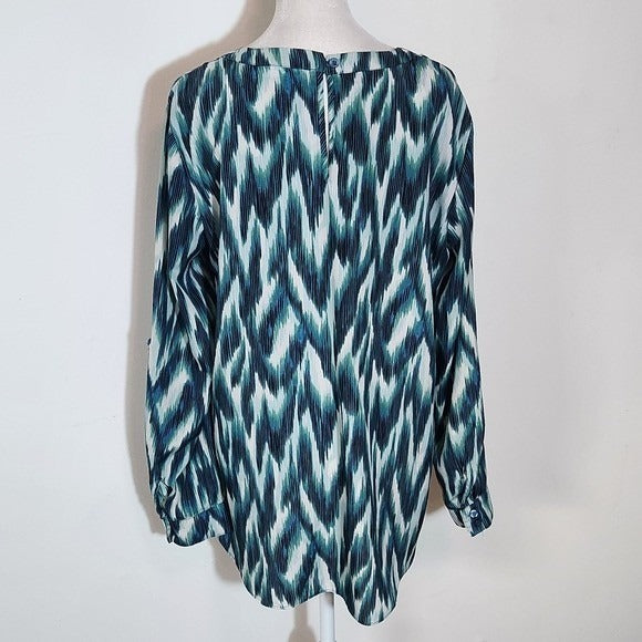 New York & Company Blue and Green Print Blouse Size Medium Ruffle Neck Top