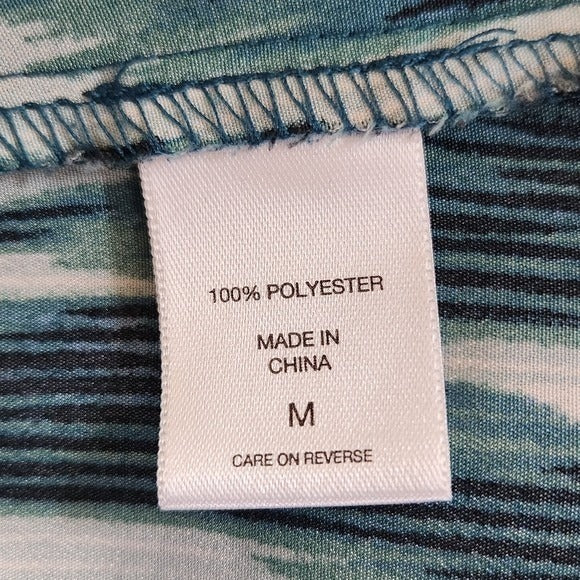 New York & Company Blue and Green Print Blouse Size Medium Ruffle Neck Top