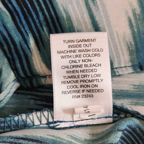 New York & Company Blue and Green Print Blouse Size Medium Ruffle Neck Top