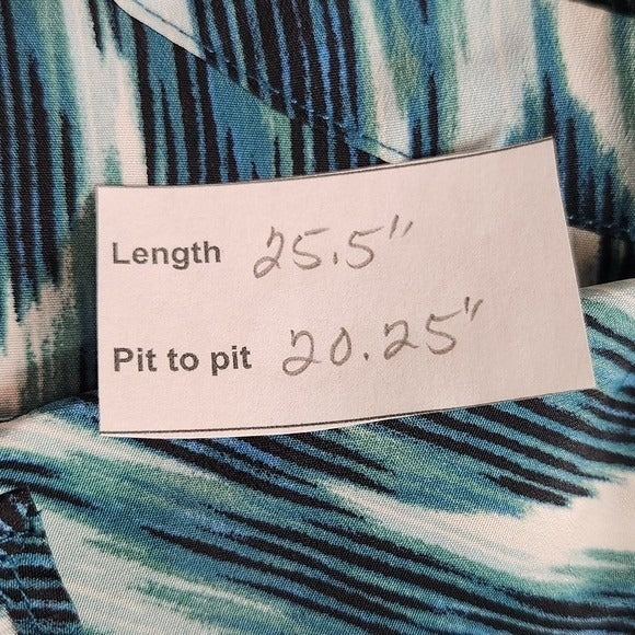 New York & Company Blue and Green Print Blouse Size Medium Ruffle Neck Top