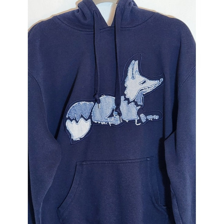 AKOO Evolution Denim Slick Navy Blue Distressed Fox Graphic Hoodie Size XL