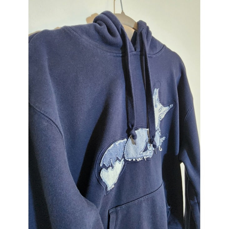 AKOO Evolution Denim Slick Navy Blue Distressed Fox Graphic Hoodie Size XL