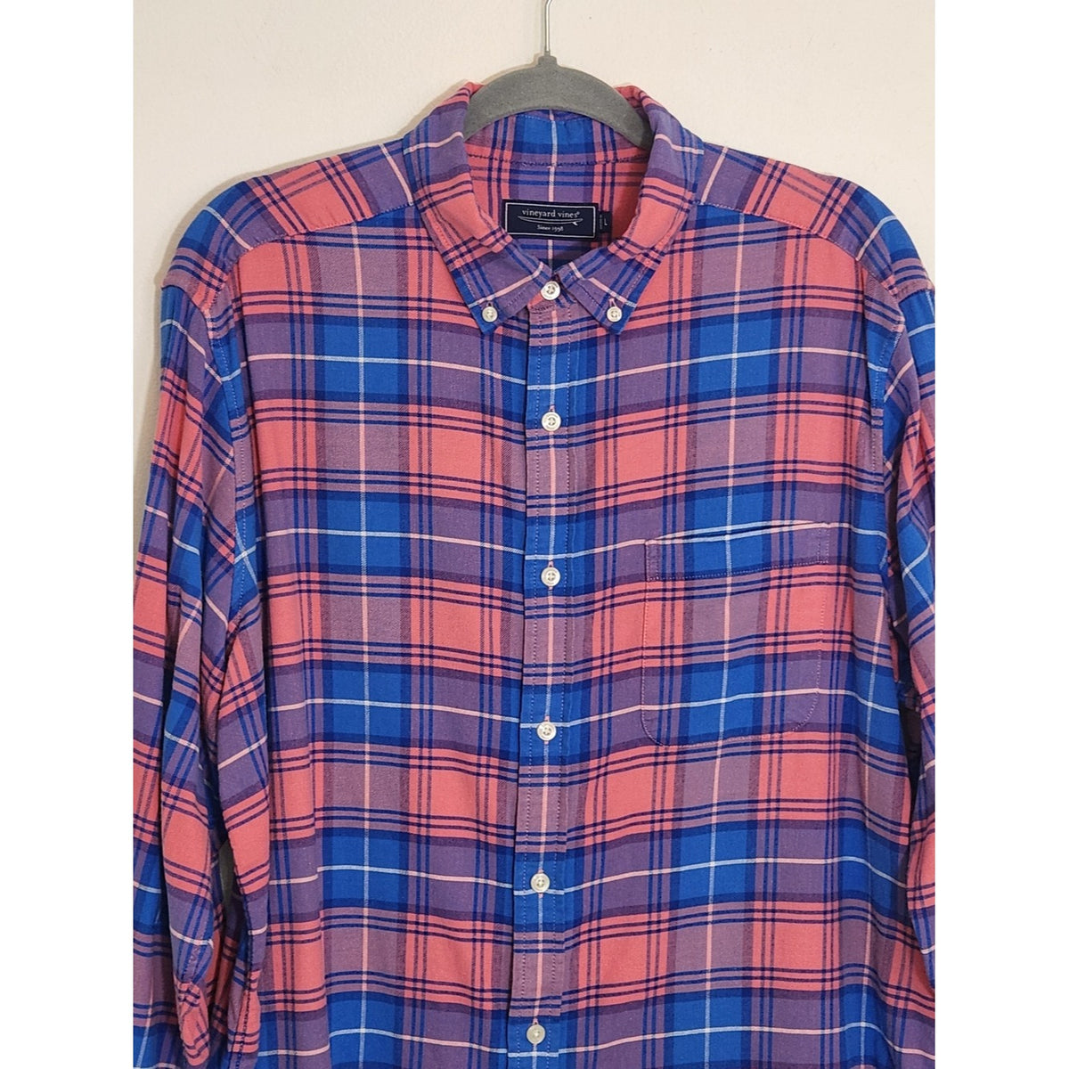 Vineyard Vines Mens Pink and Blue Plaid Button Down Shirt Size Large