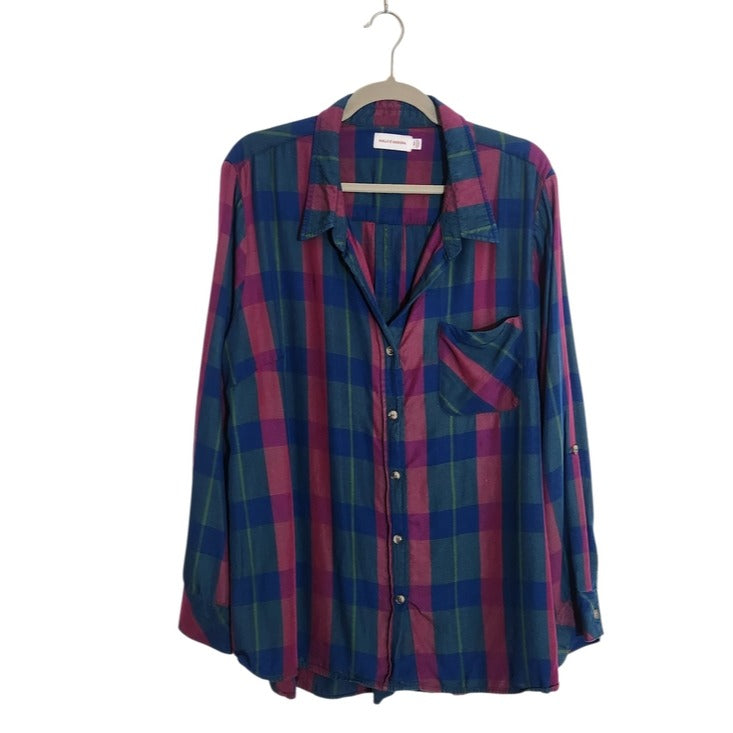Molly & Isadora Burgundy and Blue Plaid Button Up Blouse Size 2X