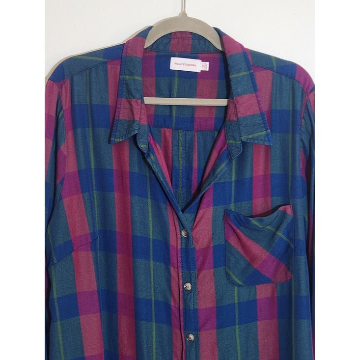 Molly & Isadora Burgundy and Blue Plaid Button Up Blouse Size 2X