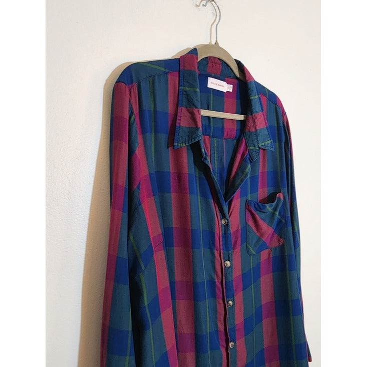 Molly & Isadora Burgundy and Blue Plaid Button Up Blouse Size 2X