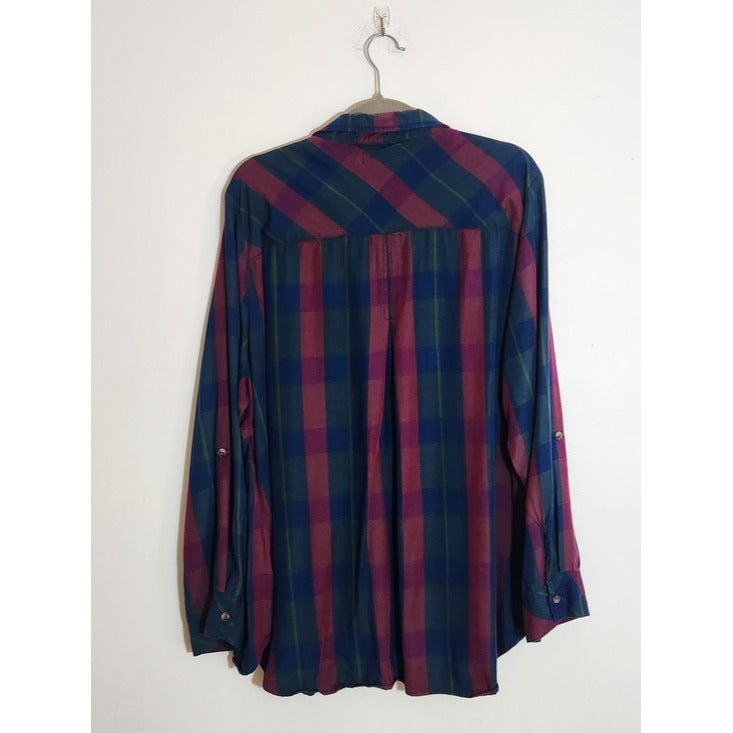 Molly & Isadora Burgundy and Blue Plaid Button Up Blouse Size 2X