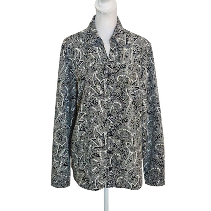 Appleseed's Black and White Paisley Print Button-Up Blouse Size Medium