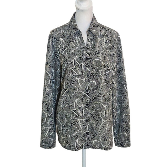 Appleseed's Black and White Paisley Print Button-Up Blouse Size Medium