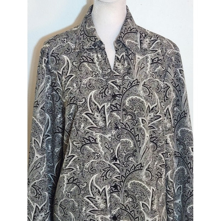 Appleseed's Black and White Paisley Print Button-Up Blouse Size Medium