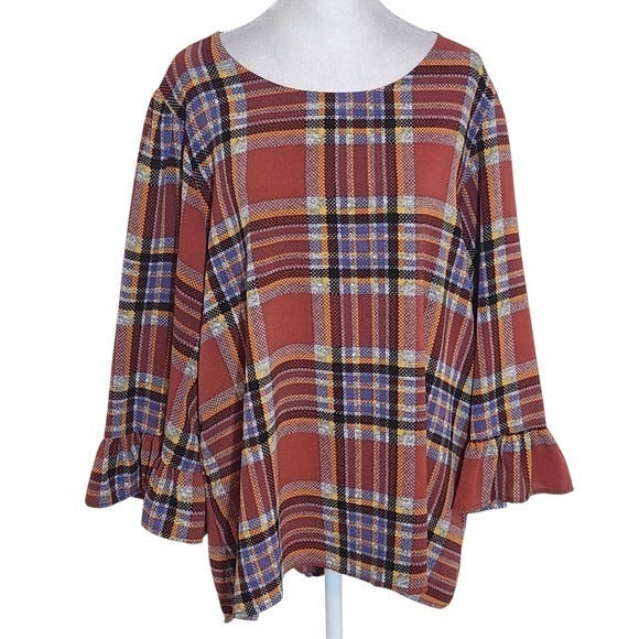 Bobeau Rust Brown and Blue Plaid Blouse with Full Ruffled Sleeves Size Large