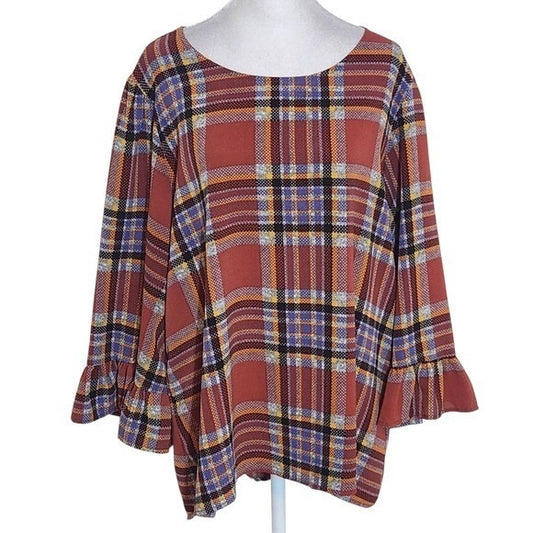 Bobeau Rust Brown and Blue Plaid Blouse with Full Ruffled Sleeves Size Large