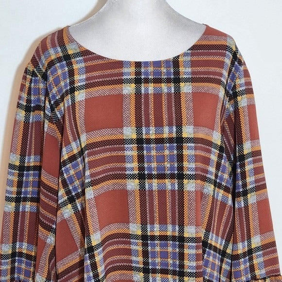 Bobeau Rust Brown and Blue Plaid Blouse with Full Ruffled Sleeves Size Large