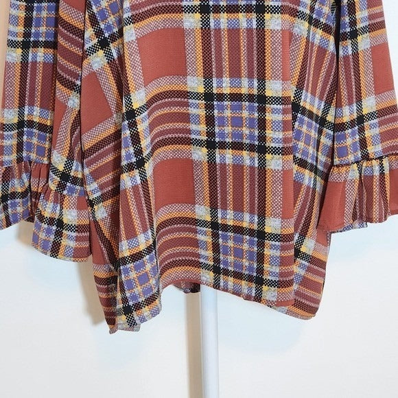Bobeau Rust Brown and Blue Plaid Blouse with Full Ruffled Sleeves Size Large
