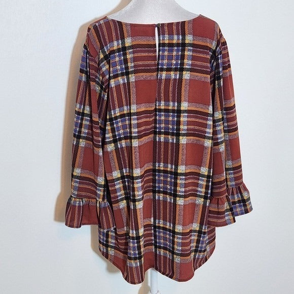 Bobeau Rust Brown and Blue Plaid Blouse with Full Ruffled Sleeves Size Large