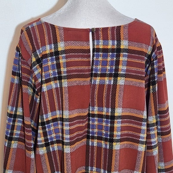 Bobeau Rust Brown and Blue Plaid Blouse with Full Ruffled Sleeves Size Large