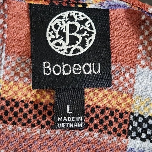 Bobeau Rust Brown and Blue Plaid Blouse with Full Ruffled Sleeves Size Large