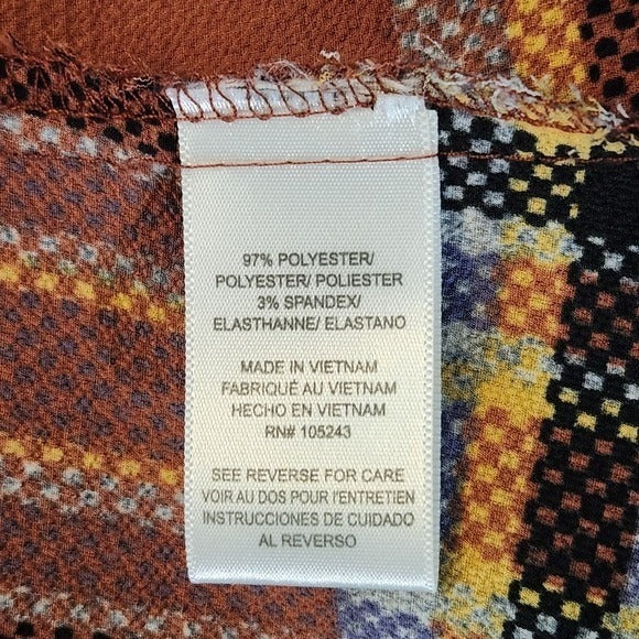 Bobeau Rust Brown and Blue Plaid Blouse with Full Ruffled Sleeves Size Large