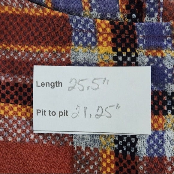 Bobeau Rust Brown and Blue Plaid Blouse with Full Ruffled Sleeves Size Large