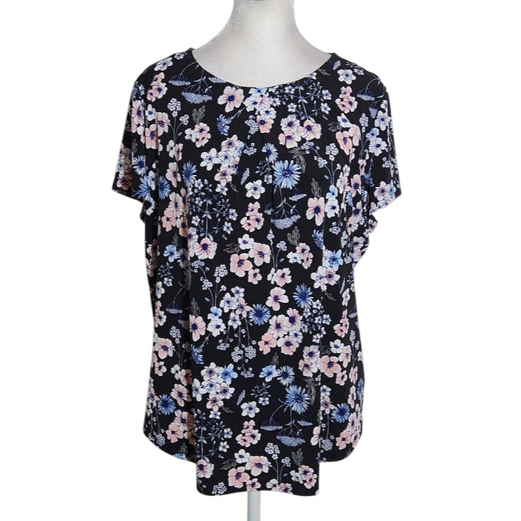 Liz Claiborne Short Sleeve Black Floral Blouse Size Large