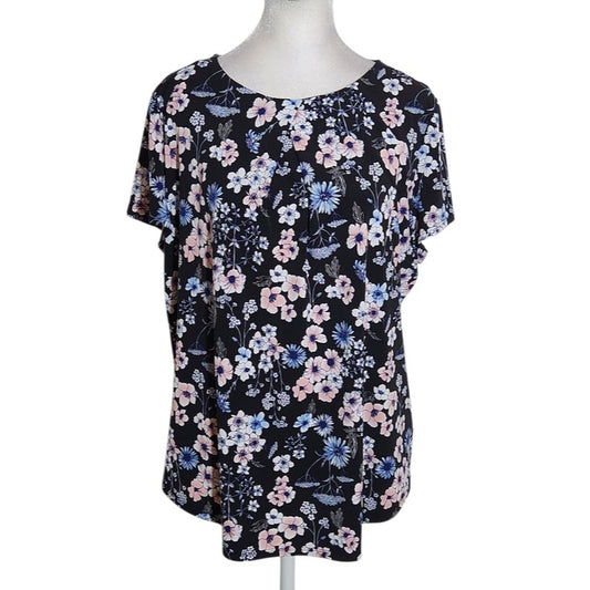 Liz Claiborne Short Sleeve Black Floral Blouse Size Large
