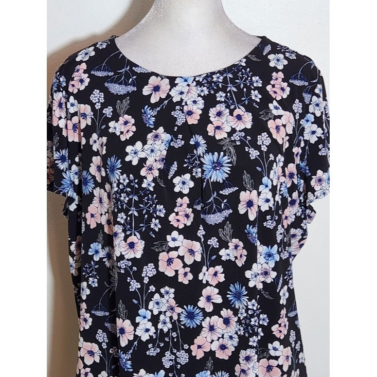 Liz Claiborne Short Sleeve Black Floral Blouse Size Large