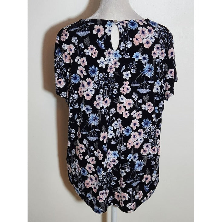 Liz Claiborne Short Sleeve Black Floral Blouse Size Large