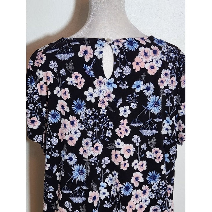 Liz Claiborne Short Sleeve Black Floral Blouse Size Large