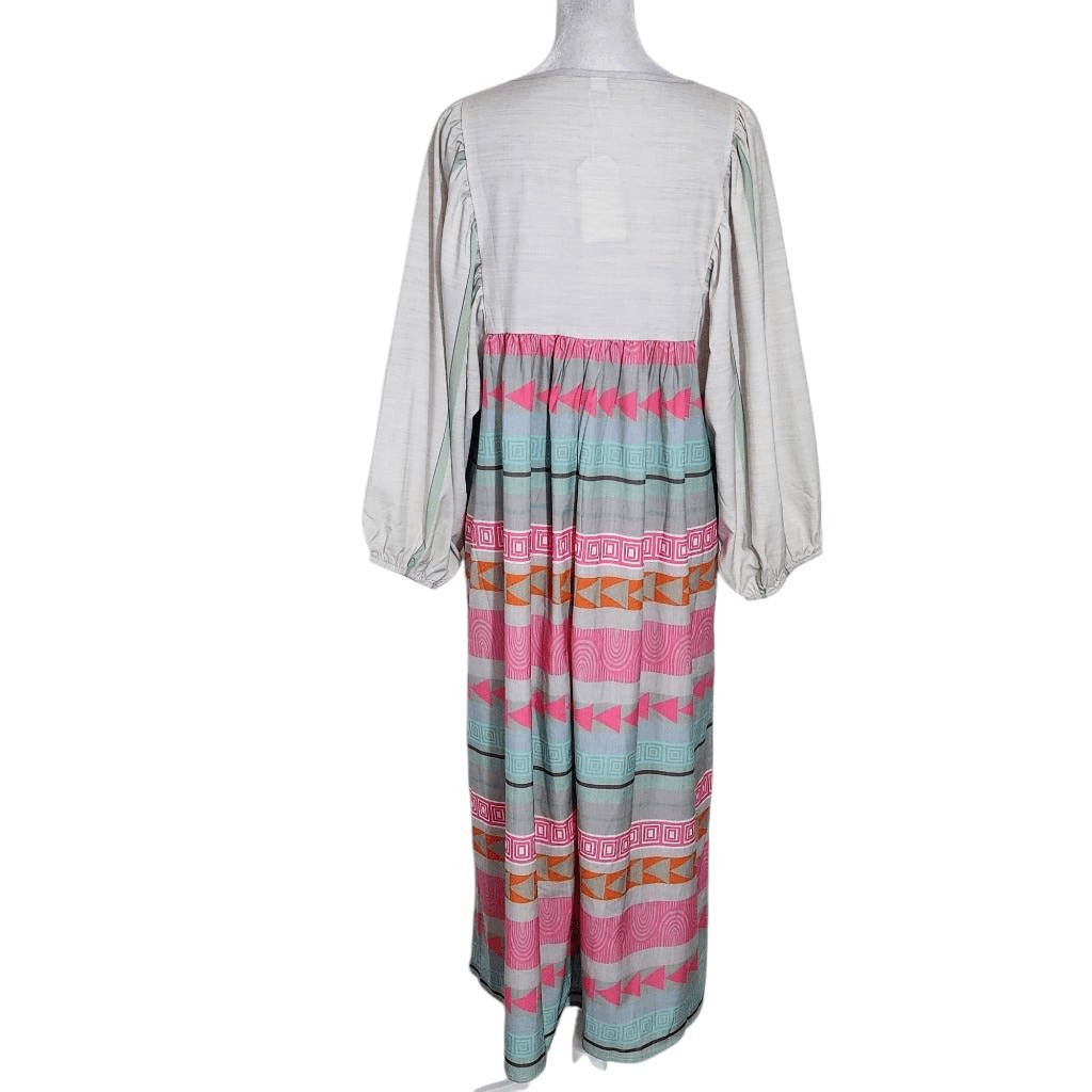 Pink and Gray Puff Sleeve Boho Print Oversized Midi Dress NWOT Size Medium