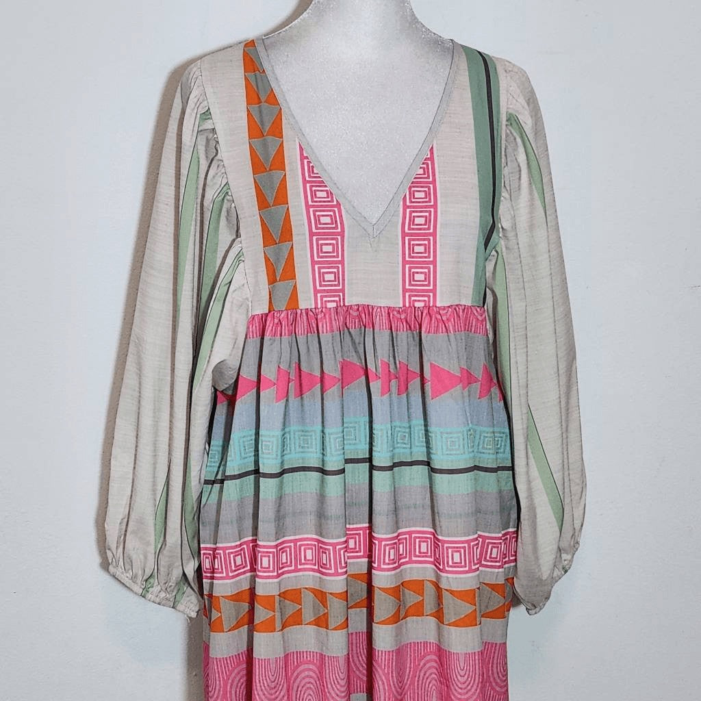 Pink and Gray Puff Sleeve Boho Print Oversized Midi Dress NWOT Size Medium