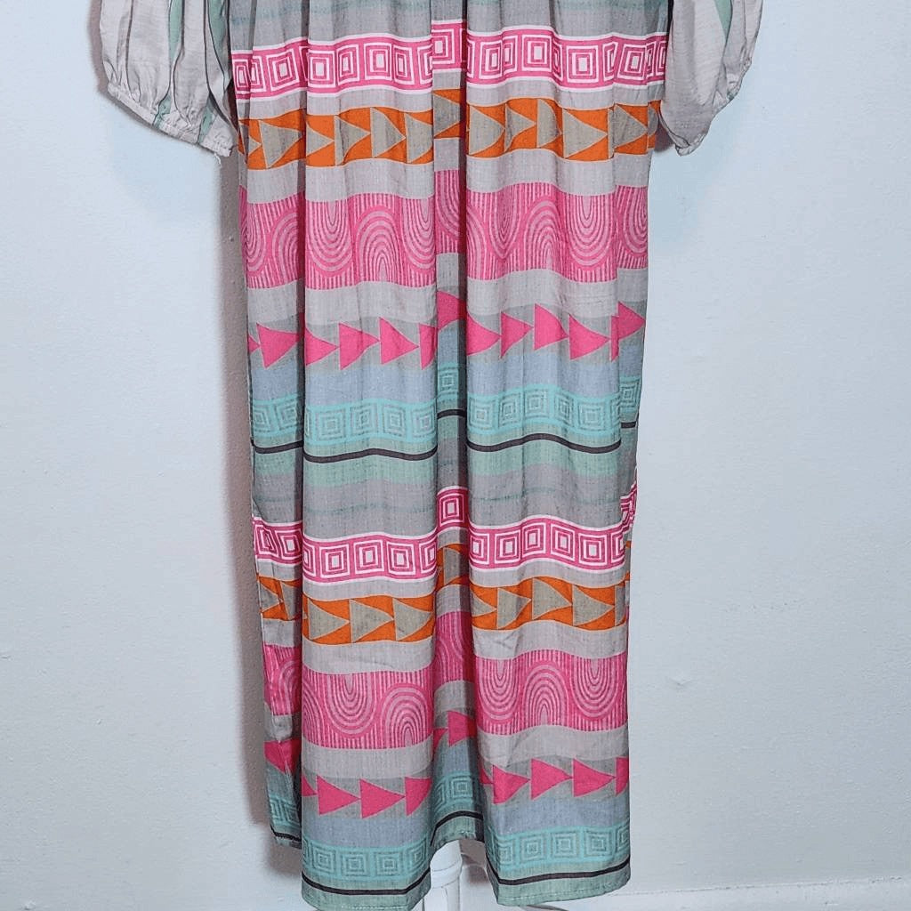 Pink and Gray Puff Sleeve Boho Print Oversized Midi Dress NWOT Size Medium